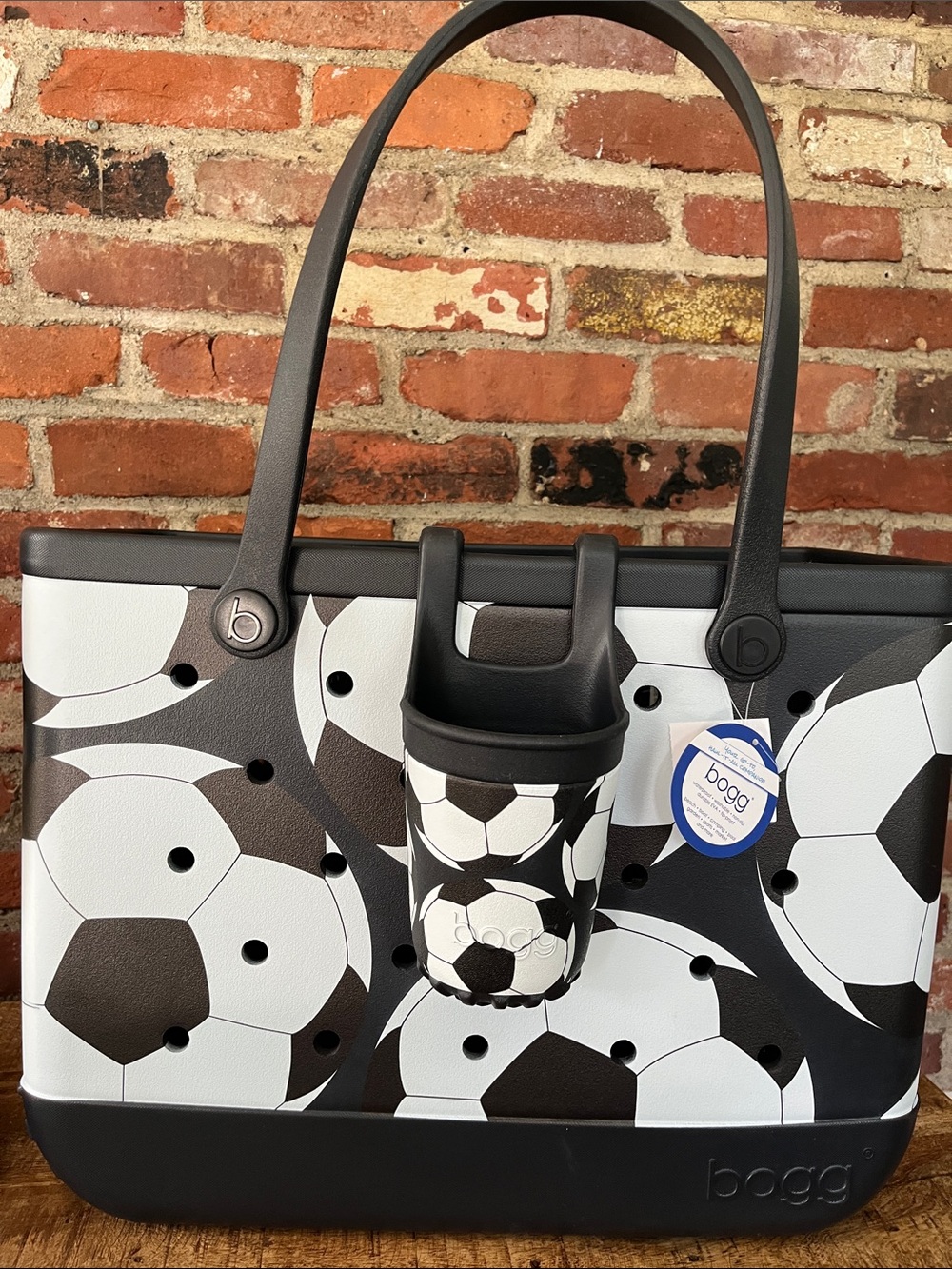 BOGG BAG Black and White Soccer Print Tote with cupholder
